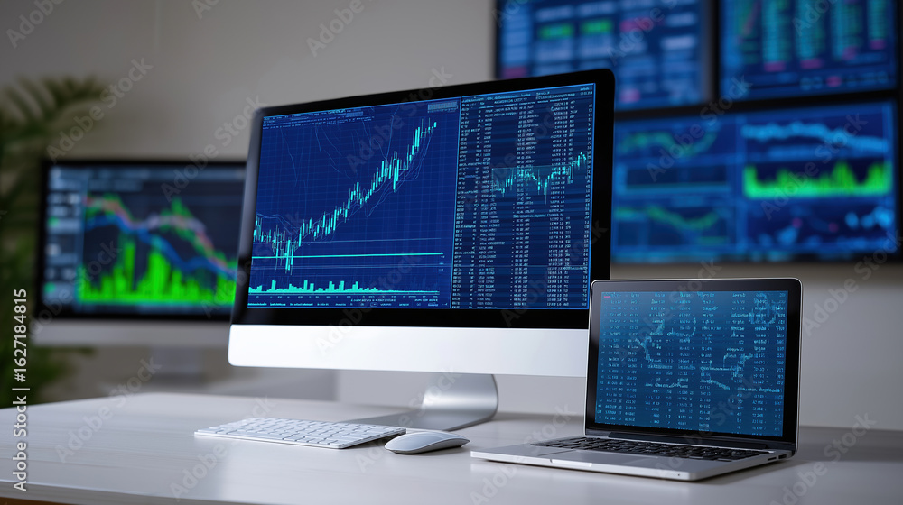 Poster trading analysis on multiple monitors in a modern office setting during the day