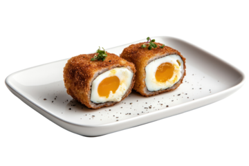 Tempura Egg Sushi: A delicious, freshly prepared tempura egg sushi with a soft, runny yolk, perfectly arranged on a stylish plate. Its a culinary delight