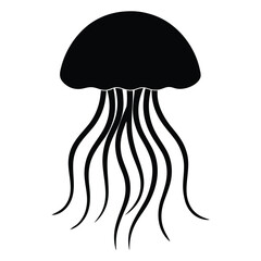 Black silhouette of a jellyfish with flowing tentacles on a white background ocean