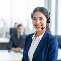 A vibrant and professional American customer care representative is seen smiling warmly while wearing a sleek headset in a modern office setting.
