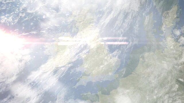 Earth zoom in from space and focus on Wigan, England, North West England, Great Britain. Background for travel intro or blog. Satellite view. 3D style Animation. Images from NASA.