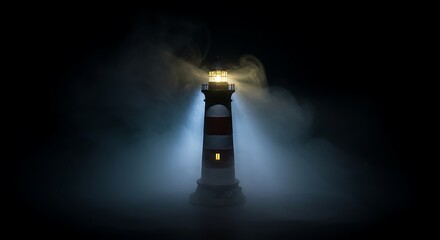 A detailed and realistic miniature lighthouse stands on a dark surface. A strong, steady beam of light emanates from the lighthouse's top, cutting through a dense, artificial fog.