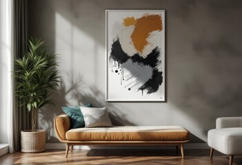 Modern living room scene with abstract art piece.