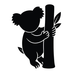 Black silhouette of a koala climbing a tree trunk with leaves vector