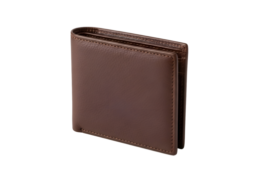 Brown leather wallet angled view.