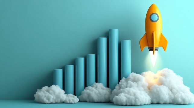Ascending Rocket Beside a Bar Chart, Surrounded by Clouds Against a Teal Background