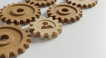 Several wooden gears of different sizes are perfectly interlocked on a clean white surface. 