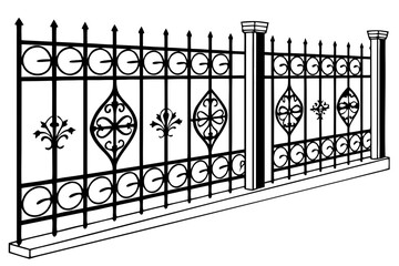 An elegant and secure antique wrought iron fence with detailed ornamentation. Vector illustration of a classic property railing.