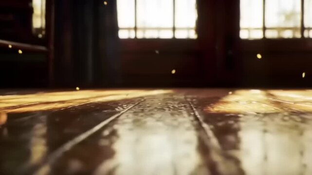 Wooden floorboards bathed in warm sunlight, with a slightly out-of-focus interior