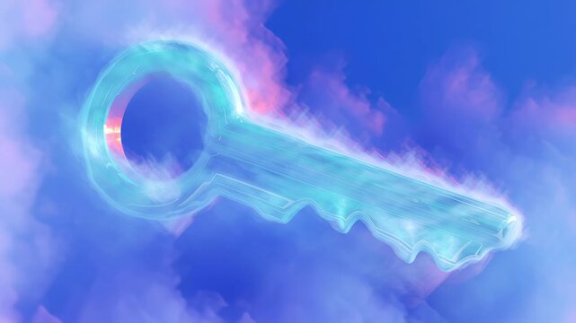 Glowing Key Symbolizes Access and Security in Abstract Digital Clouds, Highlighting Importance of Technology in DevSecOps Cloud Environment