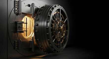 Obraz premium The massive, round door of an old bank vault, made of polished steel and brass, is slightly ajar, revealing a warm glow from within. 