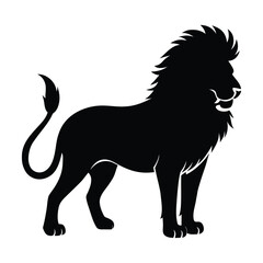 Black silhouette of a majestic lion standing profile view on white background animal