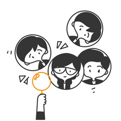 doodle cartoon head hunter looking for human resources through a magnifying glass