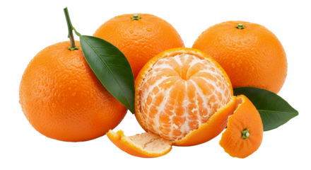A group of fresh, vibrant mandarins, with one partially peeled, and accompanied by green leaves, white background isolated