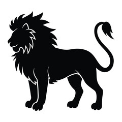 Black silhouette of a majestic lion with a flowing mane and tail white animal