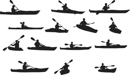 Silhouette collection of people kayaking in different positions, kayaking vector set, outdoor water sport concept, paddle kayak illustration