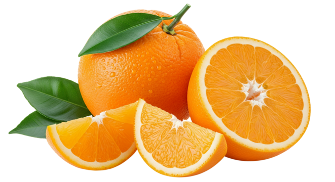 One whole, fresh, ripe orange, one halved orange, and two orange wedges, accompanied by vibrant green leaves, white background isolated