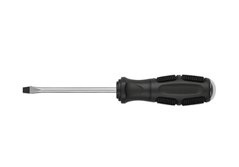 A black-handled screwdriver lies on a black background.