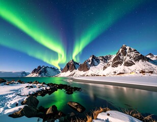 Stunning aurora borealis over snowy mountains and a frozen lake