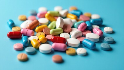 A vibrant collection of multicolored pills and capsules scattered across a bright blue surface representing health and medicine