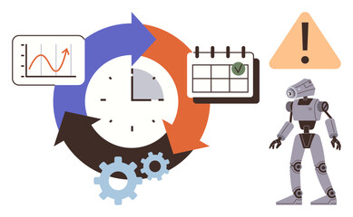 Robot alongside a clock in circular workflow task planning and analytics highlighted. Ideal for automation, scheduling, technology, efficiency, AI, productivity, teamwork. Simple flat metaphor