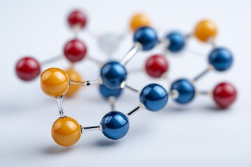 Obraz premium Colorful Molecule Structure Model with Orange, Blue and Red Spheres Connected