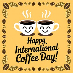 Happy international coffee day with two smiling coffee cups