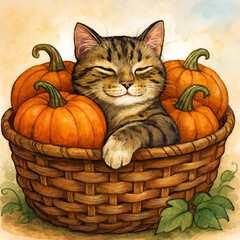 A tabby cat sitting in a basket of pumpkins. Ai