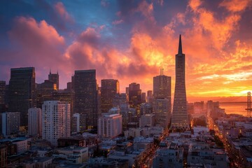 San Francisco city skyline sunrise, vibrant clouds, cityscape view, urban background, travel poster
