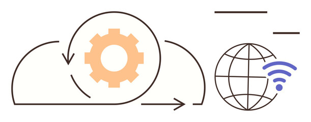 Cloud shape with gear icon and arrows, symbolizing data flow and automation. Globe with wireless waves for connectivity. Ideal for cloud computing, IoT, global network, automation, data sync, remote