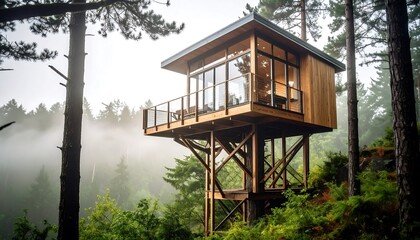 Wooden treehouse nestled in misty forest