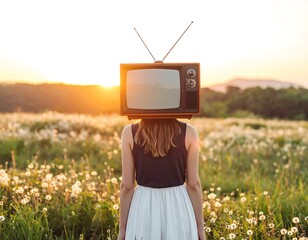 Person with vintage TV head in field at sunset