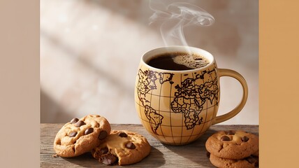 Steaming mug of coffee with chocolate chip cookies on a wooden table