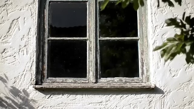 Aged window on textured white wall