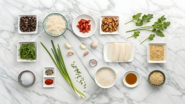 Gourmet Rice Recipe Ingredients on White Marble, Assortment of Fresh Culinary Elements for Rice Dish, Top View Luxury Rice Preparation Components Laid Out, Elegant Mise en Place for an Exquisite Rice