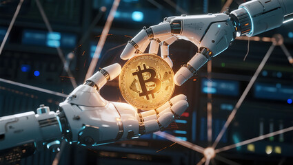 Futuristic AI and Bitcoin Exchange: Robotic Hands and Blockchain Network