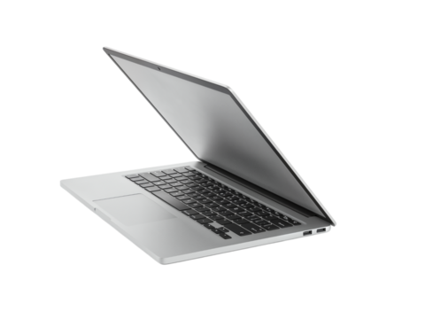 Modern silver laptop computer open with keyboard visible isolated on transparent background