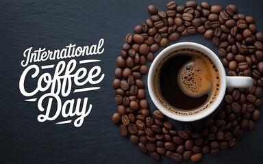 International coffee day celebration with a cup of coffee and coffee beans