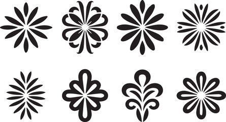 Collection of eight decorative black floral and symmetrical ornamental elements on white background