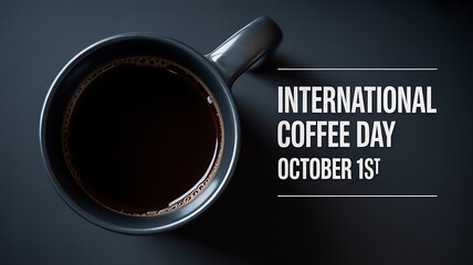 Overhead view of a black mug filled with dark coffee on a dark background with text for international coffee day october 1st