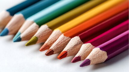 Colorful Row of Pointed Color Pencils Forming a Rainbow Spectrum Closeup Shot