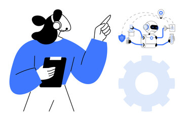 Woman with headset holding clipboard points at robot showcasing tools and automation icons. Ideal for customer support, AI, teamwork, technology, innovation, automation, workflow. Minimal simple flat