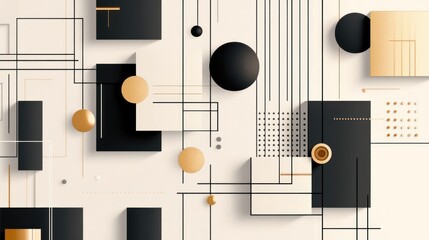 Abstract geometric art with black, gold shapes and lines on beige background.