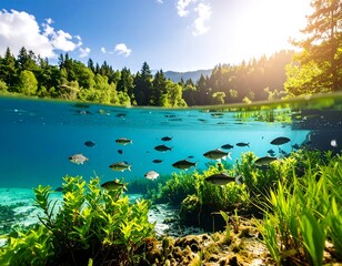 Stunning lake scene with fish and lush greenery