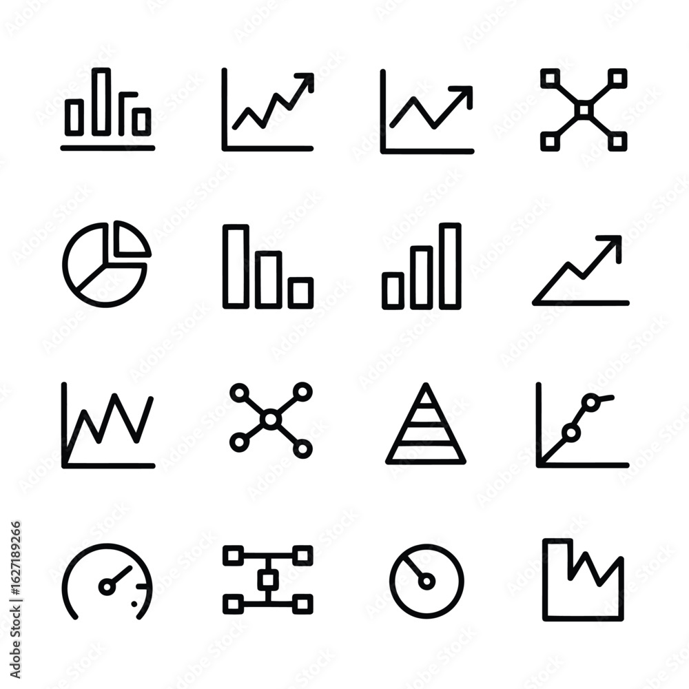 Poster collection of black and white line art icons representing various charts and graphs data analytics