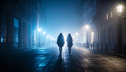 Obraz premium Two people walk down a foggy urban street illuminated by streetlights, creating a moody and cinematic night atmosphere.