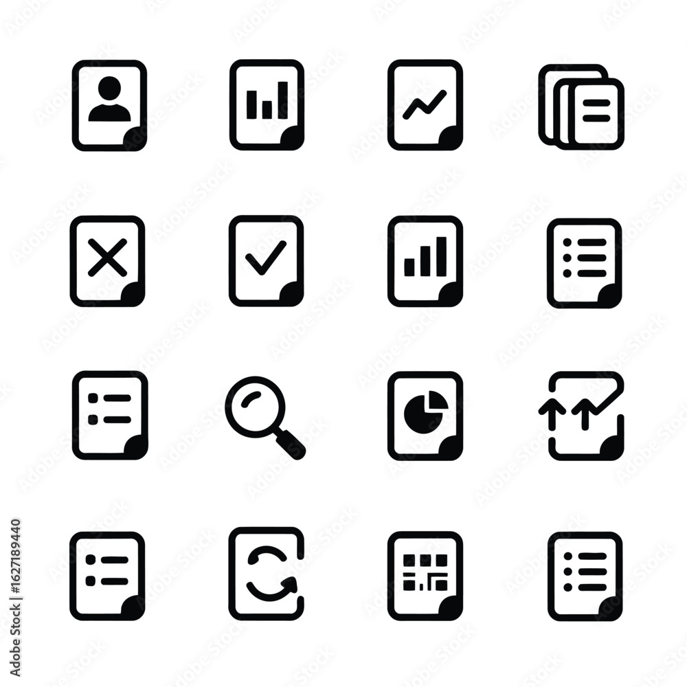 Poster collection of document icons with various data charts and symbols graph list