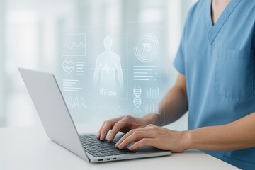 Medical Professional at Work: A medical professional utilizes a laptop, with digital health data displayed in a futuristic interface, representing advancements in modern healthcare.