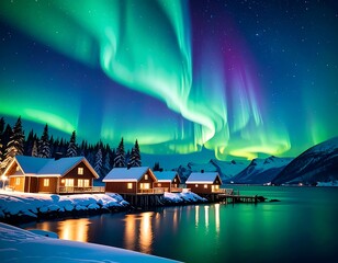 Stunning Northern Lights over winter cabins
