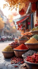 Spices in Baskets at Market Stall
